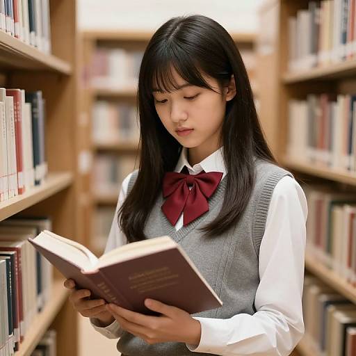 Asian schoolgirl with long black hair, wearing gray vest and red bowtie, reads book in library with blurred bookshelves background.