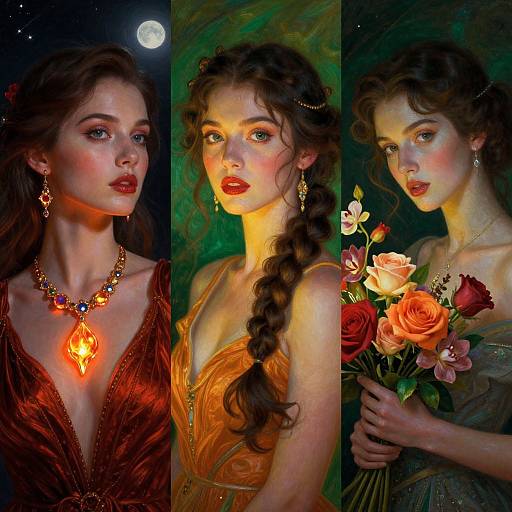 Digital painting of a fair-skinned woman with red lips and wavy brown hair, wearing ornate jewelry and dresses, holding flowers, against dark and
