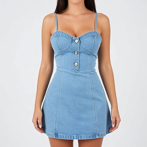 Photograph of a woman in a light blue denim, sleeveless, button-up mini dress with white buttons and thin straps, standing against a plain white