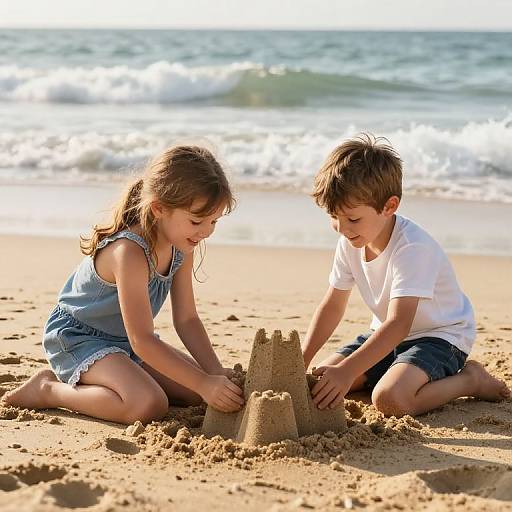 Heartfelt Sibling Beach Sandcastle Scene