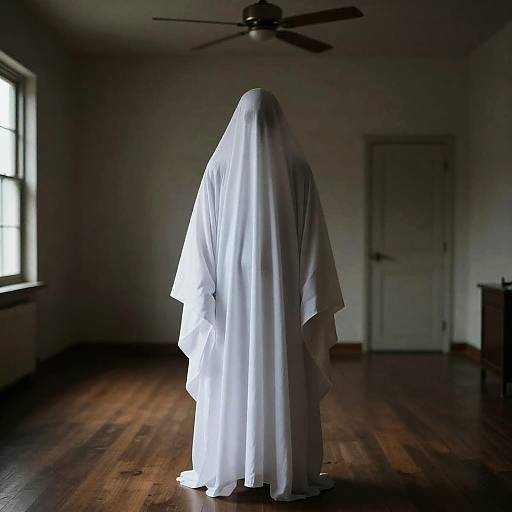 Eerie Ghostly Figure in Dim Room