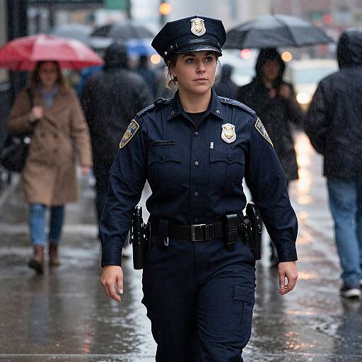 Photograph of a determined female police officer in dark uniform and cap walking in rainy city street, with blurred pedestrians holding umbrellas in the background.