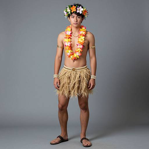 Photograph of a young Asian man with short black hair, wearing a floral headband, lei, grass skirt, arm bands, and flip-flops