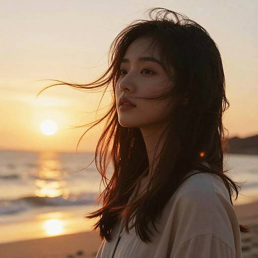 Photograph of an Asian woman with long, wind-swept dark hair, wearing a loose white blouse, silhouetted against a golden sunset