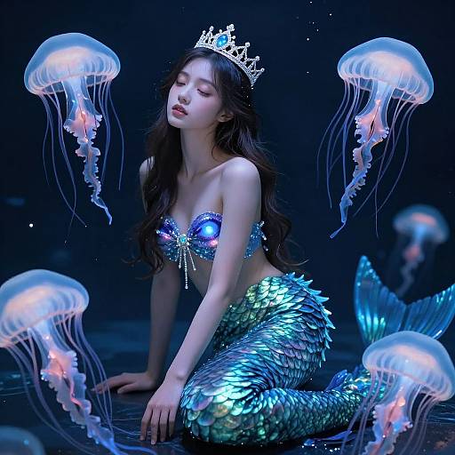Realistic Mermaid with Bioluminescent Jellyfish
