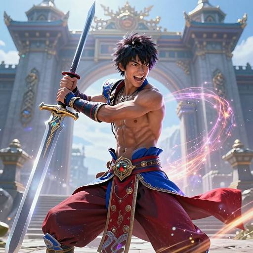 Shirtless, muscular young warrior with spiky black hair, holding a glowing sword, surrounded by magical energy, in front of a grand, sun