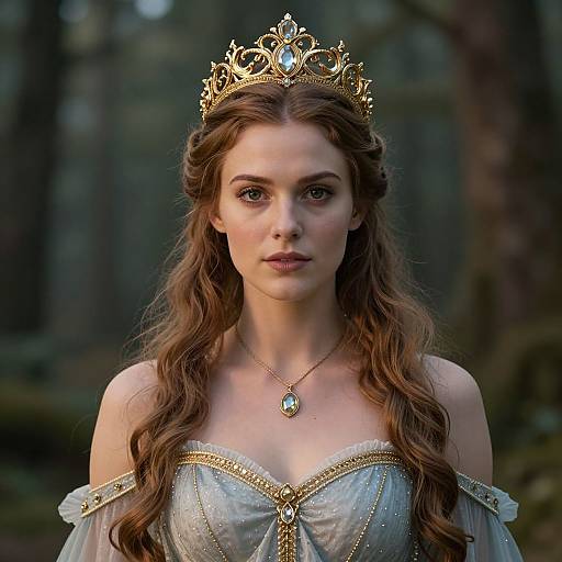 Photograph of a young woman with long, wavy brown hair, wearing a golden crown, off-shoulder silver gown, and necklace, standing