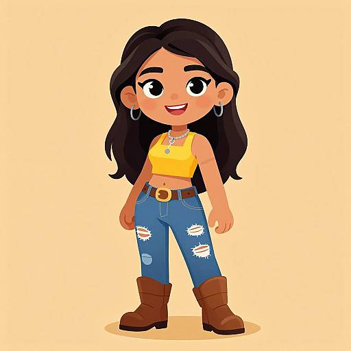 Cartoon-style digital drawing of a smiling Latina girl with long black hair, wearing a yellow crop top, ripped blue jeans, brown boots, and hoop