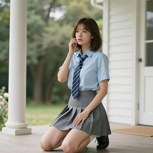 Asian Woman on Porch in Sunlight
