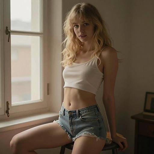 Playful Woman in Crop Top and Denim Shorts by Window