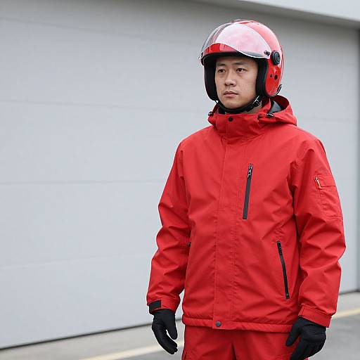 Photograph of a young Asian man wearing a red helmet, red jacket, and matching pants, standing against a white garage door.