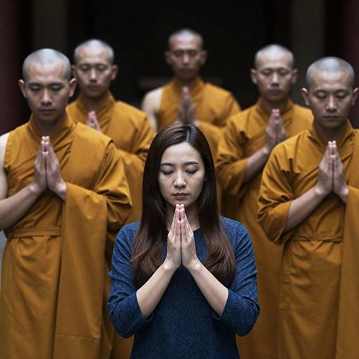 Serenity in Prayer: Woman and Monks