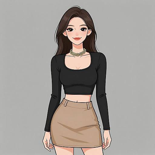 Digital anime-style drawing of a young woman with long black hair, wearing a black long-sleeve crop top and beige skirt, against a light blue