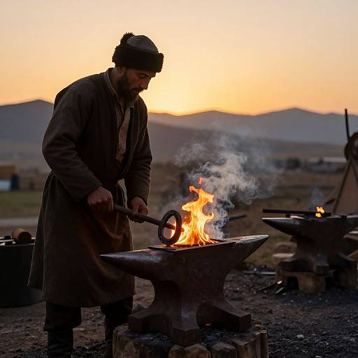 Photograph of a bearded blacksmith in a long coat and hat, shaping hot metal over a fiery forge at sunset, with mountains in the background