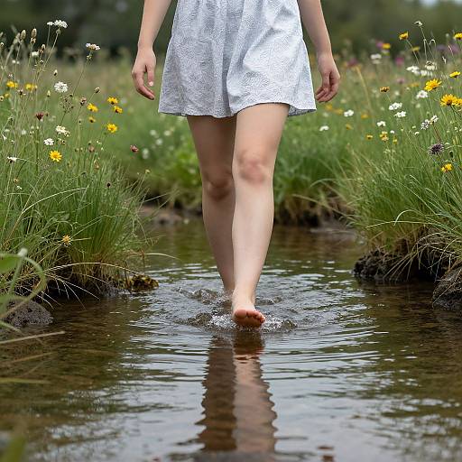 Woman Walking Through Tranquil Creek