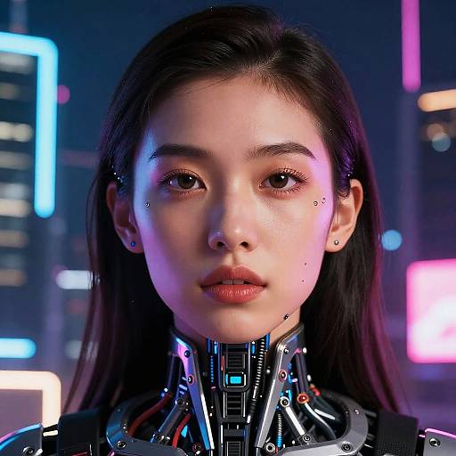 Digital art of an Asian woman with long black hair, cybernetic neck, and glowing neon cityscape background. Her expression is neutral, with bright