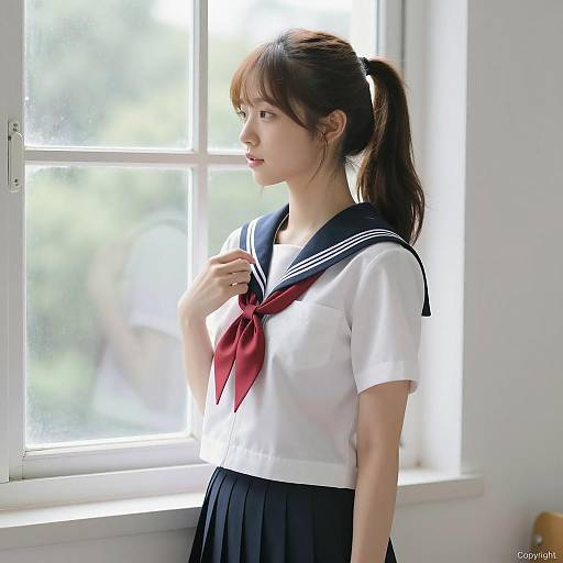 Asian Student in Sailor School Uniform by Window