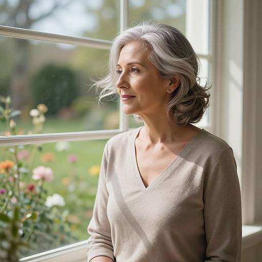 Photograph of a smiling elderly woman with gray, wavy hair wearing a light beige V-neck sweater, standing by a sunlit window with a blurred