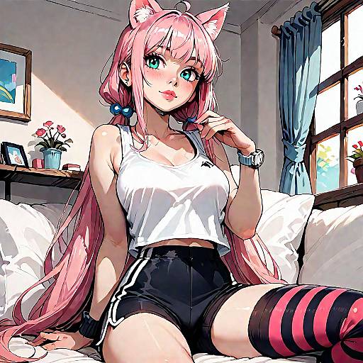 Pink-Haired Catgirl in Living Room