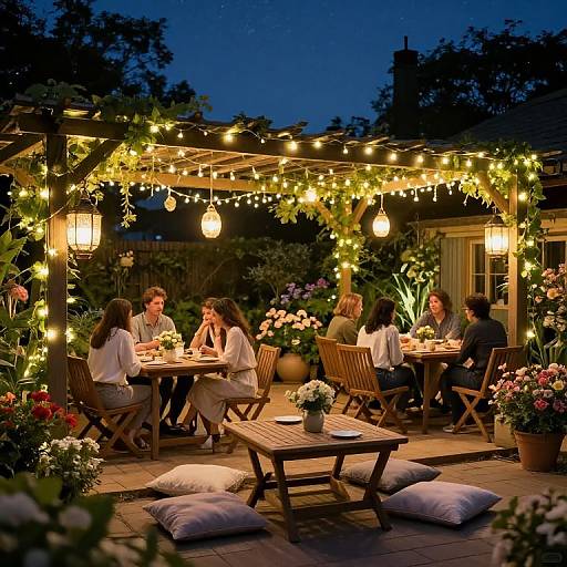 Photograph of a cozy evening garden party with eight friends under a lit pergola, surrounded by string lights and potted flowers.
