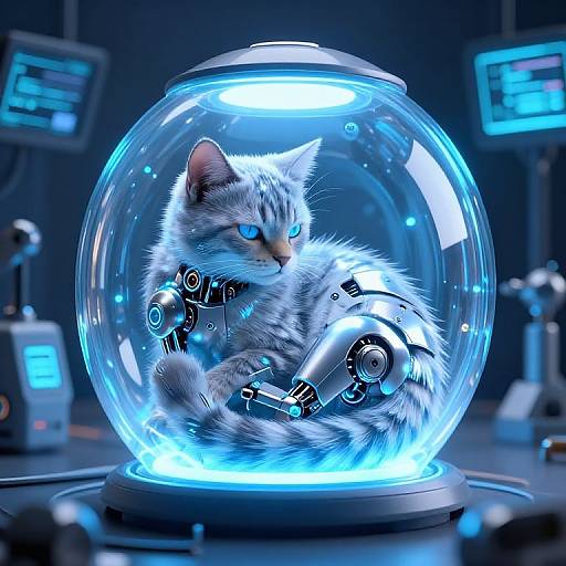 Digital artwork: Glowing blue-eyed, silver-furred kitten with mechanical limbs inside a futuristic, illuminated glass dome, surrounded by cybernetic equipment in