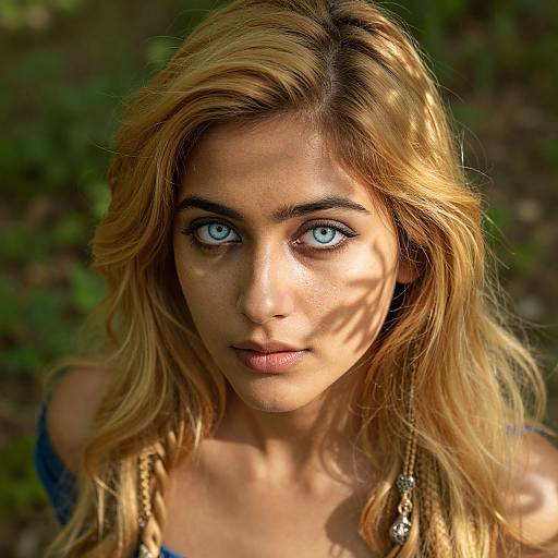 Photograph of a fair-skinned, blonde woman with striking blue eyes, slightly wavy hair, and natural makeup, standing outdoors with sunlight filtering through
