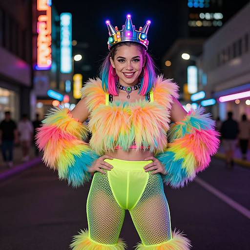 Photograph of a woman in a neon, rainbow-colored, furry crop top and high-waisted fishnet leggings, wearing a crown of lights,