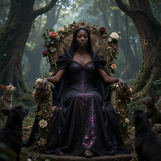 Dark-skinned queen with purple sequin dress, floral throne, forest setting, surrounded by mystical cats; photograph, fantasy style, ethereal atmosphere.