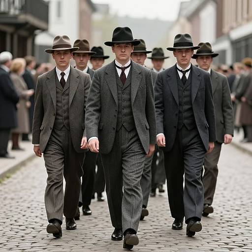 Photograph of a group of men in dark, Victorian-style suits and black hats walking in a cobblestone street, with blurred background of people and