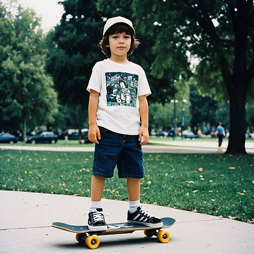 Photograph of a young boy with medium-length dark hair, wearing a white T-shirt, denim shorts, white socks, black sneakers, and a white
