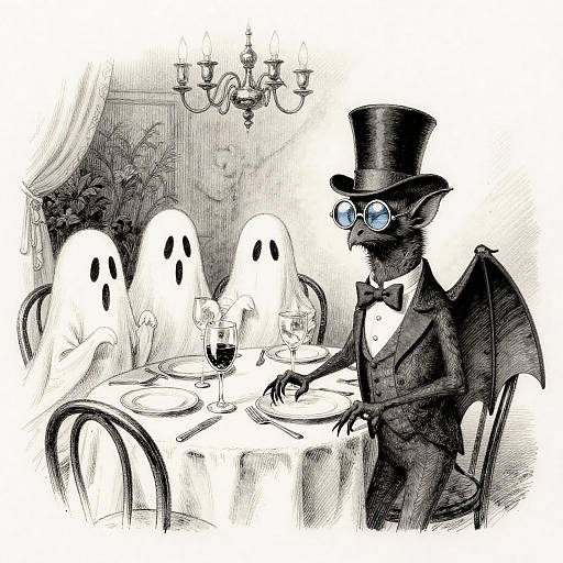 Black cat in top hat and bow tie, glasses, and bat wings, dining with three ghostly figures at a formal table. Monochrome, digital
