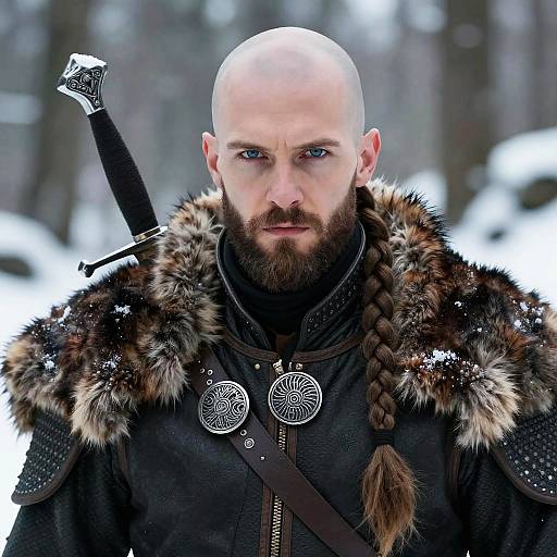 Photograph of a bald, bearded Viking warrior with intense blue eyes, wearing fur-trimmed armor, braided beard, and a sheathed