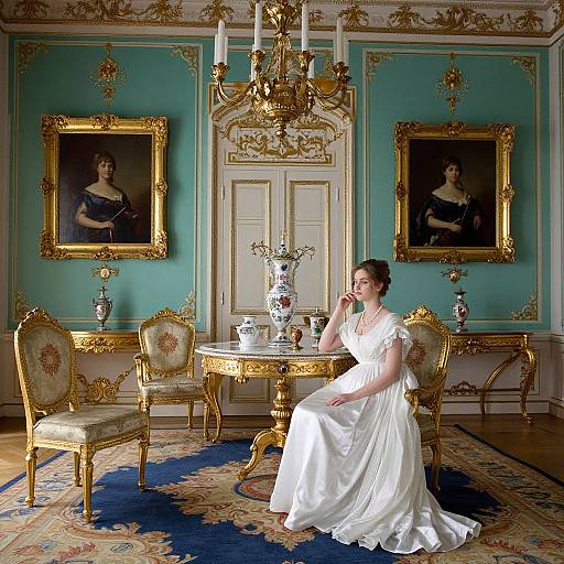 Photograph of a woman in a white dress, seated at a gilded table in an opulent room with turquoise walls, gold-framed portraits,