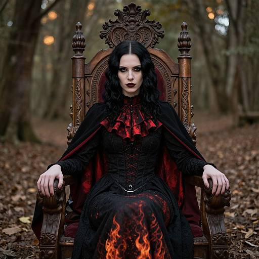 Photograph of a pale, dark-haired woman with gothic makeup, wearing a black dress and red cape, seated on an ornate wooden throne in