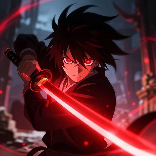 Anime-style digital illustration of a fierce, black-haired warrior with glowing red eyes, holding a bright red, glowing sword, amidst a dark, futuristic city