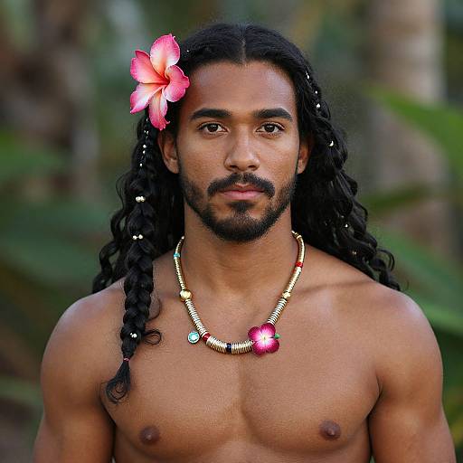 Photograph of a shirtless, muscular, dark-skinned man with long black dreadlocks, a red hibiscus flower in his hair,