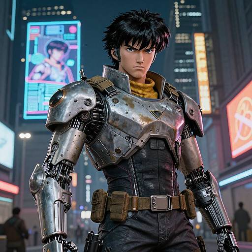 Digital artwork of a fierce, black-haired, anime-style male cyborg in metallic armor, standing in a neon-lit, futuristic city street.