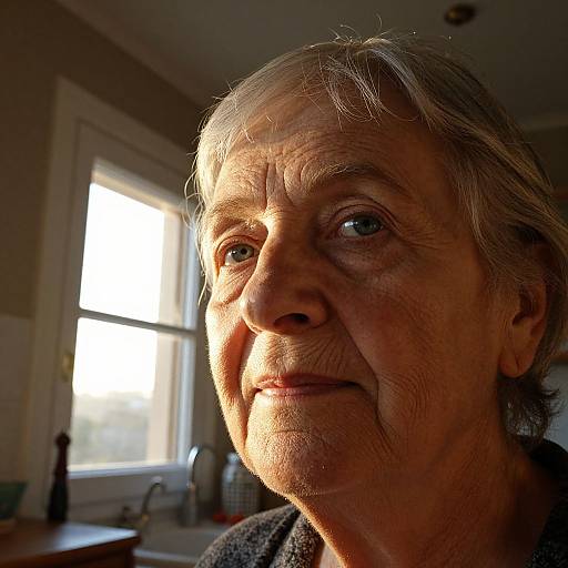 Close-up photograph of an elderly woman with short gray hair, sunlit face, and wrinkled skin, standing in a dimly lit kitchen.