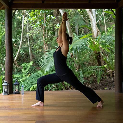 Photograph of a woman in black yoga clothes performing a tree pose on a wooden deck, surrounded by lush green forest.