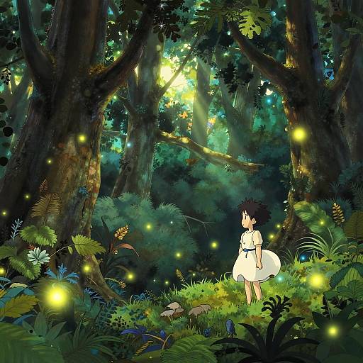 Anime-style forest scene with a girl in a white dress surrounded by glowing fireflies, tall trees, and lush greenery.
