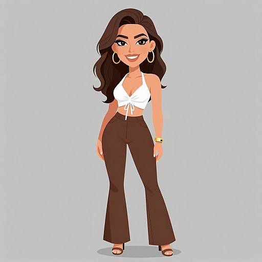 Digital illustration of a confident, smiling woman with long brown hair, wearing a white crop top, brown high-waisted pants, hoop earrings, and