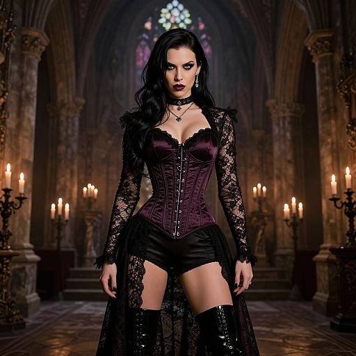 Gothic vampire woman in dark corset, lace sleeves, black shorts, thigh-high boots, standing in candlelit, medieval stone cathedral. Digital