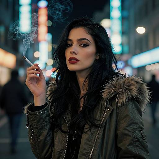 Photograph of a pale-skinned, dark-haired woman with red lipstick, smoking a cigarette, wearing a green parka with fur hood, in a