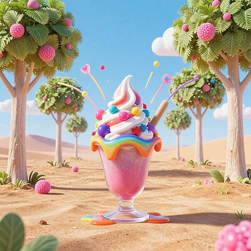 Digital art: Vibrant pink parfait topped with swirled white and rainbow layers, colorful lollipops, in a desert with fruit trees and