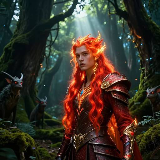 Digital fantasy artwork of a fierce, red-haired warrior with fiery hair, wearing ornate armor, standing in a mystical forest with glowing light and shadow,