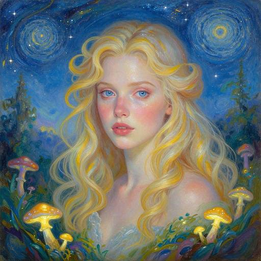 Digital painting of a fair-skinned, blonde woman with blue eyes, wavy hair, and glowing skin, surrounded by glowing mushrooms and swirling stars in