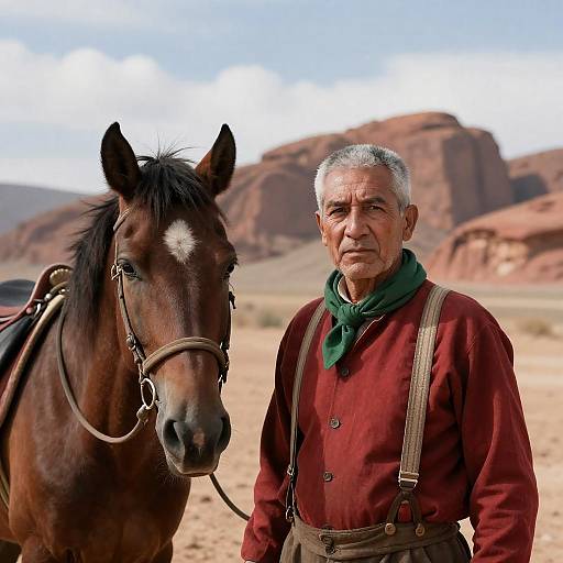 Serious Man in Desert Landscape with Horse