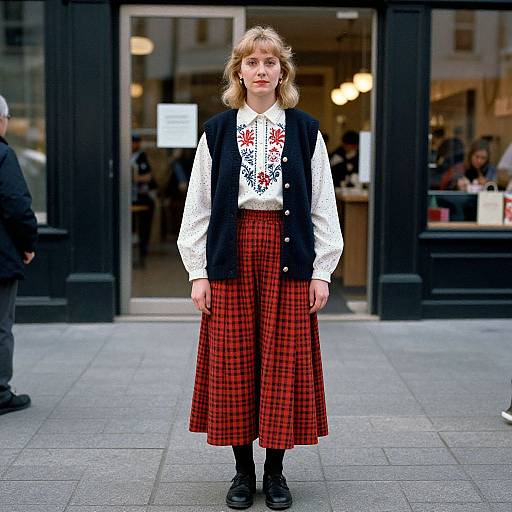 Photograph of a young blonde woman in a white blouse, black vest, red plaid skirt, black boots, standing on a city sidewalk in front