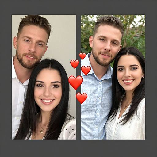 Photograph of a smiling couple in two side-by-side images, with red hearts between them. Both have light skin, brown hair, and wear white