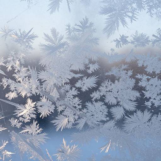 Digital artwork of intricate white snowflakes with delicate, spiky patterns against a gradient blue and white background, creating a frosty, ethereal winter